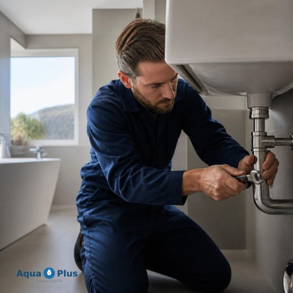 Sanitärinstallateur bei der Reparatur einer Wasserleitung unter dem Waschbecken in Basel