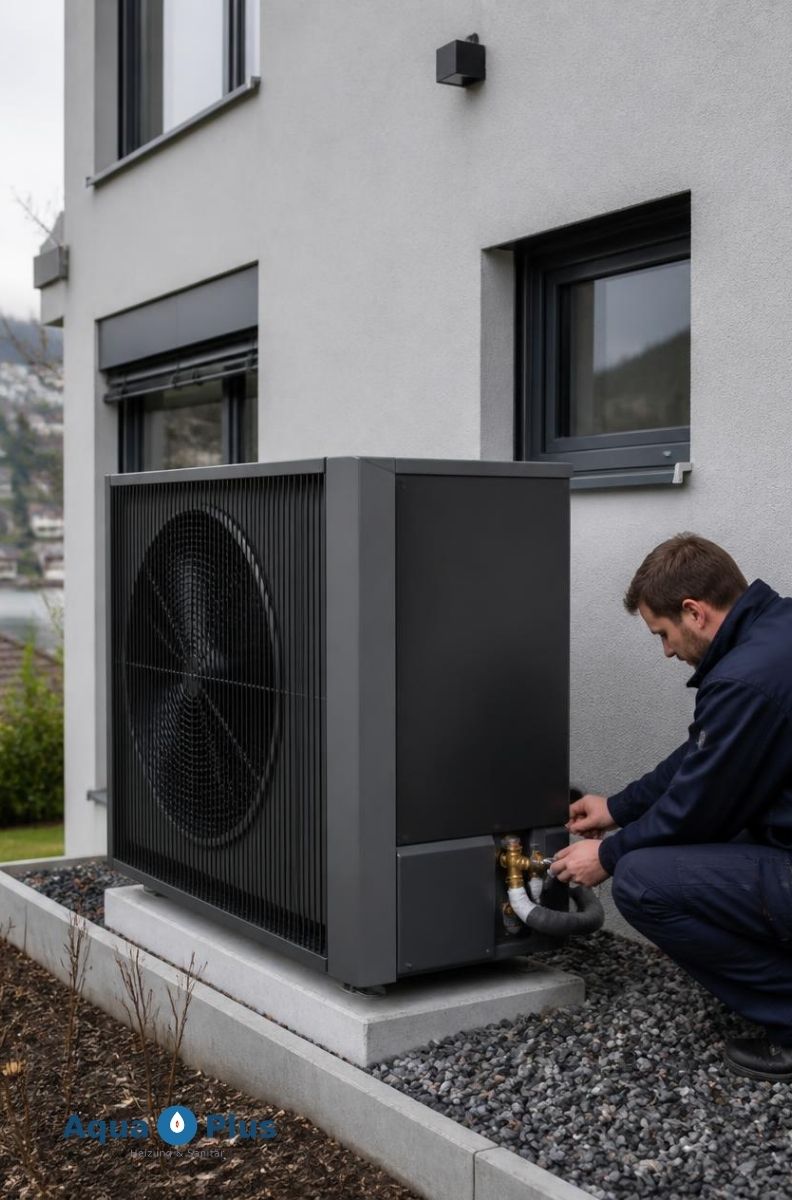 Techniker installiert eine moderne Wärmepumpe an einem Wohnhaus