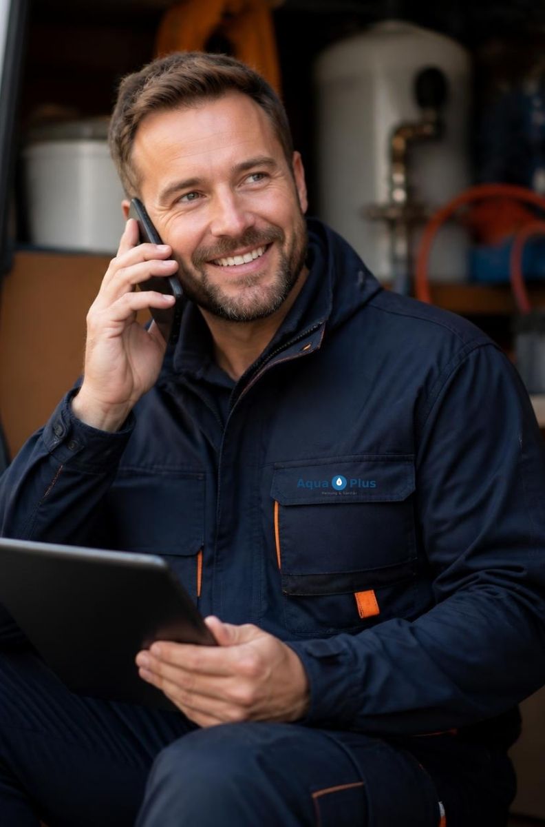 Sanitär- und Heizungstechniker von Aqua Plus beantwortet telefonisch eine Kundenfrage